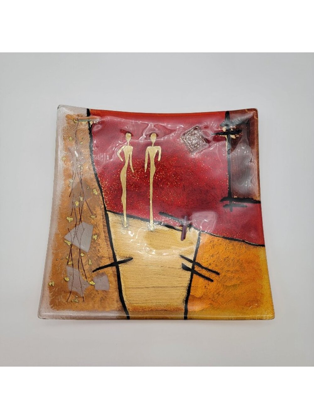Large Abstract Fused Glass Art Dish With Red & Gold Artistic Design